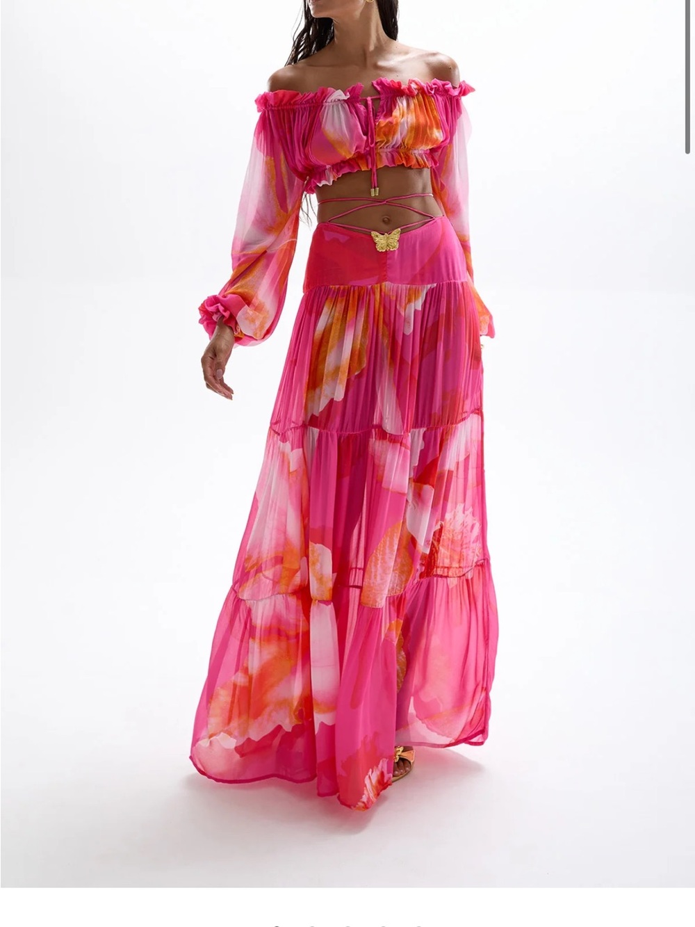 Cin Cin Tiered Pink Floral Maxi Skirt with Orange Accents
